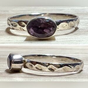Vintage Sterling Silver Faceted Oval Amethyst Hammered Band Ring, Size 6.5, 1g